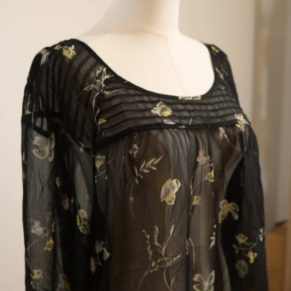 LC Lauren Conrad Black Floral Butterfly Sheer Tunic Top XL 3/4 Sleeve Pintuck